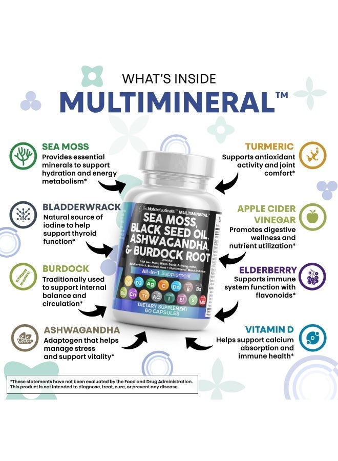 Clean Nutraceuticals Sea Moss Black Seed Oil Ashwagandha Turmeric Bladderwrack Burdock & Vitamin C Vitamin D3 with Elderberry Manuka Dandelion Yellow Dock Iodine Chlorophyll ACV - Image 3